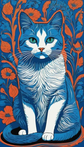 cat on a blue background,cat vector,calico cat,chinese pastoral cat,vintage cat,cat with blue eyes,blue eyes cat,cat european,tea party cat,cat,persian,aegean cat,cat portrait,cartoon cat,calico,tablecloth,flower cat,blue pillow,feline,cat image,Illustration,Black and White,Black and White 19
