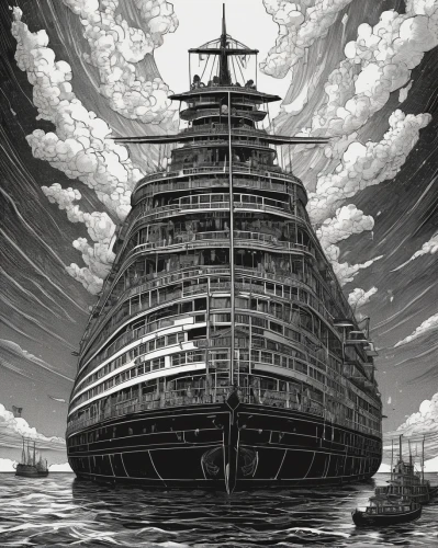 sea fantasy,ghost ship,ocean liner,costa concordia,star line art,cruise ship,reefer ship,factory ship,baron munchausen,passenger ship,troopship,very large floating structure,ship of the line,ship traffic jams,the ship,shipwreck,airship,sci fiction illustration,airships,ship travel,Illustration,Black and White,Black and White 16