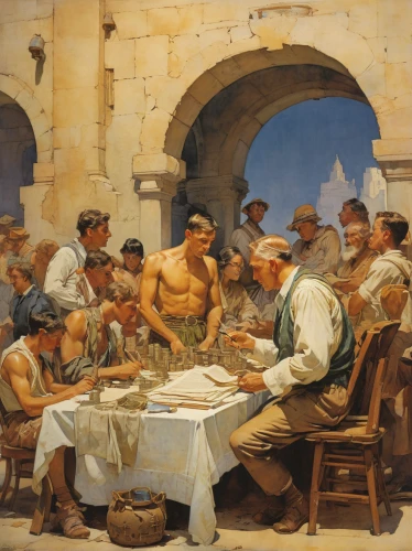 sicilian cuisine,french foreign legion,bougereau,dinner party,last supper,school of athens,drinking establishment,apulia,portuguese galley,puglia,jewish cuisine,apéritif,italian painter,holy supper,viennese cuisine,mediterranean cuisine,men sitting,christ feast,cuisine classique,greek food,Illustration,Paper based,Paper Based 23