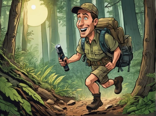 hiker,farmer in the woods,geocaching,free wilderness,trail searcher munich,cartoon forest,adventurer,backpacking,adventure game,game illustration,aaa,forest man,indiana jones,rifleman,camera illustration,woodsman,explorer,hiking equipment,mountain guide,trekking pole,Illustration,Abstract Fantasy,Abstract Fantasy 23