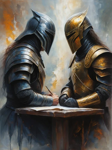 knights,knight armor,chess game,binding contract,chess icons,knight,chess men,knight festival,knight tent,sword fighting,arm wrestling,chess,meticulous painting,fantasy art,consultation,gladiators,play chess,painting technique,agreement,alliance,Conceptual Art,Daily,Daily 32