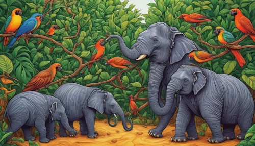 elephants,cartoon elephants,elephant herd,elephant camp,tropical animals,elephants and mammoths,mandala elephant,pachyderm,forest animals,indian elephant,african elephants,elephant ride,elephant,elephantine,ganpati,asian elephant,circus elephant,whimsical animals,tropical birds,artocarpus,Illustration,Realistic Fantasy,Realistic Fantasy 41