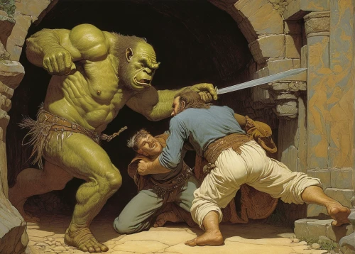 half orc,he-man,heroic fantasy,orc,incredible hulk,warrior and orc,hulk,greyskull,ogre,samaritan,avenger hulk hero,stonewall,game illustration,assault,stage combat,goblin,stone age,frankenstein,confrontation,splitting maul,Illustration,Retro,Retro 01