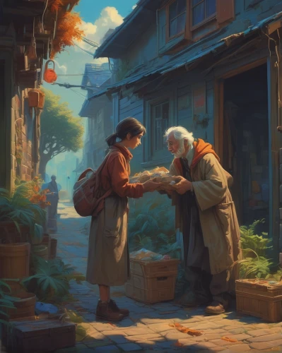 monks,old couple,merchant,greengrocer,village life,game illustration,fishmonger,soup kitchen,peddler,vendors,fishermen,chinese art,xiaolongbao,helping hands,world digital painting,old age,autumn chores,oriental painting,meticulous painting,one autumn afternoon,Conceptual Art,Fantasy,Fantasy 01