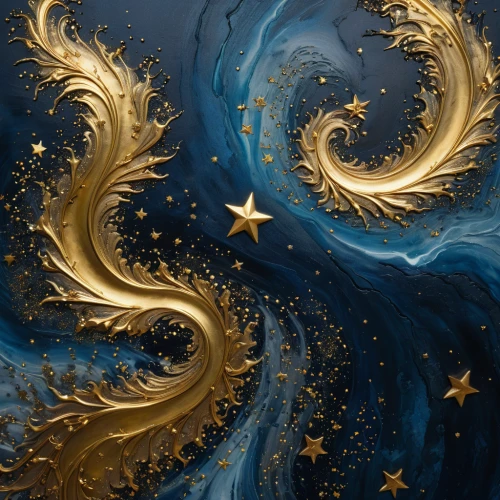 motifs of blue stars,dark blue and gold,gold foil art,fractal art,stars and moon,abstract gold embossed,starry night,whirlpool pattern,swirls,whirlpool,starry sky,gold paint stroke,gold filigree,gold leaf,gold foil mermaid,fractal,apophysis,falling star,gold paint strokes,spiral background,Photography,General,Fantasy