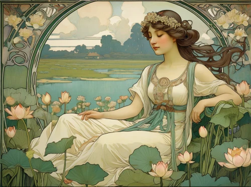 mucha,art nouveau,art nouveau design,rusalka,girl in the garden,narcissus of the poets,lilly of the valley,art nouveau frame,idyll,lilies of the valley,narcissus,jonquils,lilly pond,flora,lotus,art nouveau frames,alfons mucha,mirror in the meadow,secret garden of venus,girl in flowers,Illustration,Retro,Retro 03