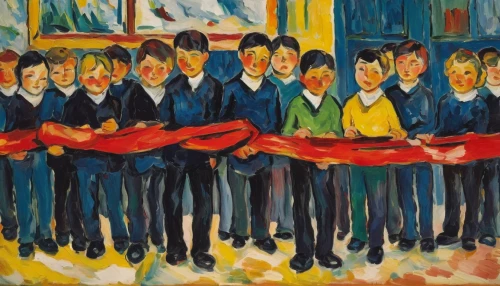 school children,group of people,church choir,braque francais,pentecost,post impressionism,procession,carol singers,men sitting,sailors,khokhloma painting,carolers,seven citizens of the country,the pied piper of hamelin,audience,eisteddfod,braque du bourbonnais,musicians,violinists,choral,Art,Artistic Painting,Artistic Painting 37