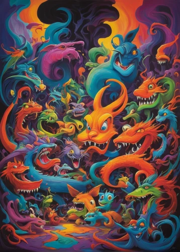 psychedelic art,acid lake,lsd,psychedelic,acid,vortex,turmoil,rainbow waves,fantasia,chaos,coral swirl,polyp,chaotic,abstract artwork,tsunami,neon ghosts,cuthulu,zodiac,dolphin-afalina,tidal wave,Illustration,Children,Children 01