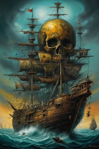 skull rowing,skull and crossbones,galleon ship,galleon,pirate treasure,skull and cross bones,pirate ship,ghost ship,skull racing,skull bones,jolly roger,scull,skull allover,pirate,rotten boat,east indiaman,pirates,piracy,skulls and,sea fantasy,Illustration,Realistic Fantasy,Realistic Fantasy 34