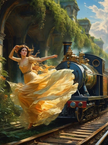 locomotion,cinderella,conductor,yellow rose on rail,train of thought,fantasy picture,the train,fantasy art,wedding dress train,world digital painting,waltz,flamenco,serenade,train,the girl at the station,locomotive,last train,cg artwork,emile vernon,railroad,Conceptual Art,Fantasy,Fantasy 05