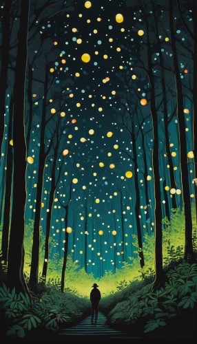 fireflies,forest of dreams,firefly,cartoon forest,the forest,forest,enchanted forest,star wood,forest walk,tree grove,falling stars,sci fiction illustration,the woods,the forests,night scene,night stars,hanging stars,fairy forest,forest floor,the stars,Illustration,Vector,Vector 20