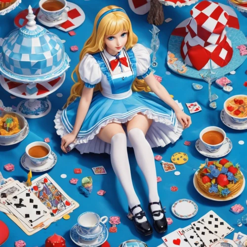alice in wonderland,alice,tea party collection,doll kitchen,tea party,wonderland,poker primrose,chess player,doll's festival,doll dress,painter doll,play chess,porcelaine,cake stand,artist doll,tea set,tumbling doll,tea time,card table,chess cube,Unique,3D,Isometric