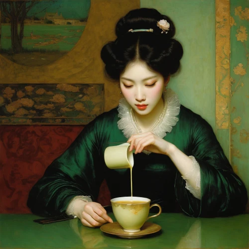 woman drinking coffee,pouring tea,tea drinking,japanese tea,chinese teacup,holding cup,tea zen,junshan yinzhen,girl with cereal bowl,crème de menthe,tea ceremony,woman at cafe,a cup of tea,café au lait,woman with ice-cream,chinese tea,jasmine tea,china tea,dongfang meiren,maojian tea,Art,Classical Oil Painting,Classical Oil Painting 44
