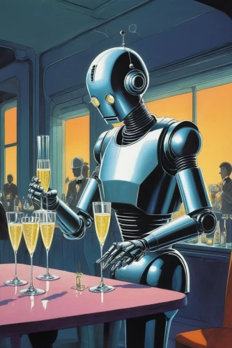 robots,droids,robotic,droid,robot,industrial robot,sci fiction illustration,robotics,diner,robot in space,robot icon,automation,waiting staff,cybernetics,bot training,random access memory,retro diner,stemware,c-3po,bartender,Illustration,Black and White,Black and White 22