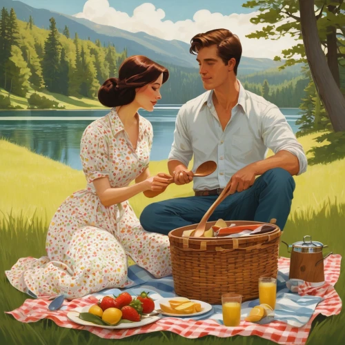 picnic,picnic basket,vintage boy and girl,vintage man and woman,picnic boat,romantic scene,basket of apples,young couple,idyll,honeymoon,picnic table,family picnic,apple harvest,idyllic,romantic portrait,woman holding pie,game illustration,pomade,apple jam,girl picking apples,Conceptual Art,Daily,Daily 08