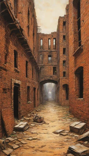 old linden alley,orlovsky,red bricks,post-apocalyptic landscape,red brick,destroyed city,tenement,blind alley,rescue alley,narrow street,hashima,gunkanjima,alleyway,rustico,john atkinson grimshaw,speicherstadt,slums,lostplace,medieval street,alley,Illustration,Retro,Retro 06