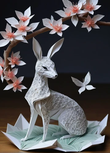 paper art,gray hare,jackalope,ikebana,origami paper,rabbits and hares,bunny on flower,hares,origami,place card holder,female hares,steppe hare,deco bunny,whimsical animals,paper and ribbon,hare window,hare,wood rabbit,japanese kuchenbaum,hare trail,Illustration,Japanese style,Japanese Style 20