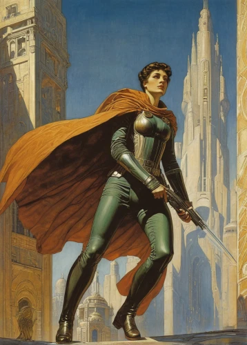 joan of arc,heroic fantasy,caped,super heroine,angel moroni,fantasy woman,figure of justice,vulcan,raphael,sprint woman,lilian gish - female,art deco woman,sci fiction illustration,super woman,doctor doom,modena,pointing woman,lady justice,minerva,woman holding gun,Illustration,Retro,Retro 01