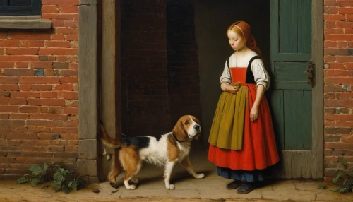 girl with dog,hanover hound,kooikerhondje,boy and dog,small münsterländer,kennel club,st. bernard,artois hound,basset hound,basset artésien normand,young girl,jack russell,jack russel,english foxhound,girl in a long dress,female dog,fox terrier,girl in the kitchen,collie,american foxhound,Art,Classical Oil Painting,Classical Oil Painting 41