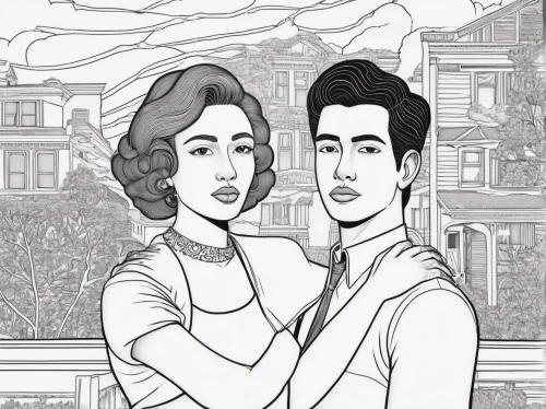 young couple,roaring twenties couple,queen anne,coloring page,retro 1950's clip art,vintage man and woman,wedding couple,vintage boy and girl,hand-drawn illustration,pompadour,wedding icons,game illustration,wedding invitation,book illustration,the victorian era,casablanca,husband and wife,silver wedding,two people,as a couple,Illustration,Black and White,Black and White 18