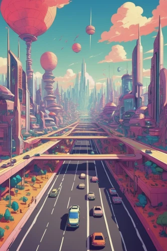 futuristic landscape,city highway,alien planet,alien world,virtual landscape,fantasy city,futuristic,space port,cartoon video game background,roads,scifi,the road,highway,retro background,sci - fi,sci-fi,road,utopian,sky space concept,gas planet,Illustration,Paper based,Paper Based 27