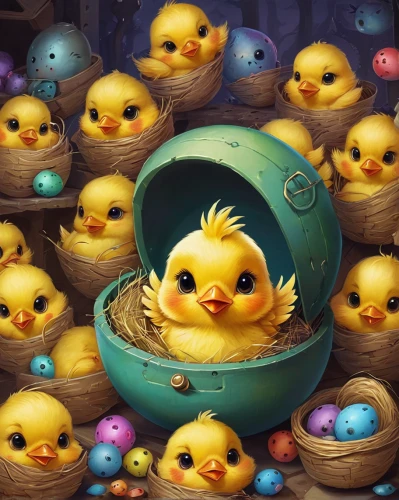 rubber ducks,easter nest,hatching chicks,rubber duck,ducklings,rubber ducky,lots of eggs,easter background,duckling,nest easter,bath ducks,baby chicks,rubber duckie,spring nest,painted eggs,easter theme,painting eggs,hatching,eggs in a basket,easter festival,Illustration,Abstract Fantasy,Abstract Fantasy 11