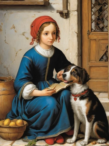 girl with dog,boy and dog,girl with bread-and-butter,woman holding pie,child with a book,girl in the kitchen,girl with cereal bowl,girl picking apples,jack russell,east-european shepherd,jack russel,child portrait,bouguereau,girl with cloth,plummer terrier,terrier,st. bernard,girl with a wheel,breton,the good shepherd,Art,Classical Oil Painting,Classical Oil Painting 29