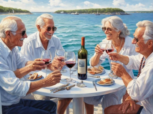 pensioners,apéritif,aperitif,social group,mediterranean diet,port wine,elderly people,italian painter,beach restaurant,food and wine,sicilian cuisine,oil painting on canvas,art painting,oil painting,retirement home,pension mark,island group,a glass of wine,pensioner,wine tasting,Illustration,Realistic Fantasy,Realistic Fantasy 19