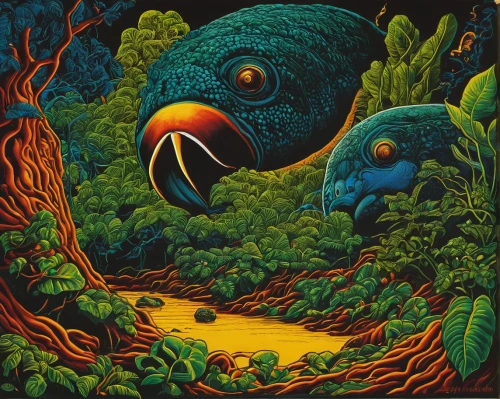 forest fish,swampy landscape,tropical fish,swamp,rainforest,acid lake,cd cover,quetzal,tropical birds,electric eel,piranha,game illustration,fishes,galapagos,toucans,fish-surgeon,seed-eater,tropical animals,the ugly swamp,rain forest,Conceptual Art,Daily,Daily 19