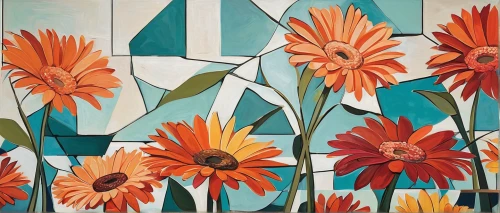 floral composition,african daisies,flower painting,gazania,barberton daisies,sunflowers in vase,retro flowers,abstract flowers,australian daisies,sun daisies,carol colman,orange floral paper,cloves schwindl inge,flowers png,floral background,art deco background,bright flowers,ceramic tile,flowers pattern,daisies,Art,Artistic Painting,Artistic Painting 45