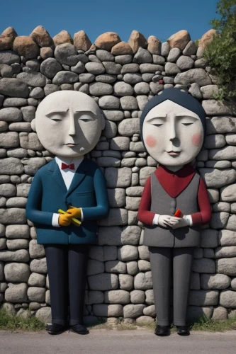 villagers,clay animation,stone statues,heads,clay figures,man and wife,stone figures,garden statues,wooden figures,man and woman,folk art,plug-in figures,american gothic,puppets,animated cartoon,residents,public art,cry stone walls,estate agent,builders,Photography,Documentary Photography,Documentary Photography 30