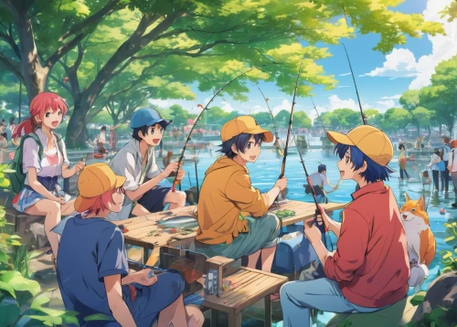 fishing classes,picnic,straw hats,people fishing,casting (fishing),fishing,summer day,studio ghibli,fishing camping,picnic boat,summer party,summer bbq,picnic basket,go fishing,world end,frog gathering,paper boat,gathering,recreational fishing,baseball team,Illustration,Japanese style,Japanese Style 03