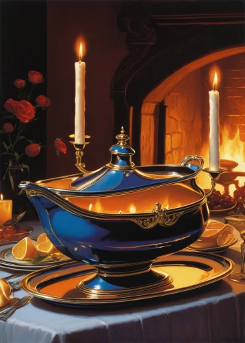 dinnerware set,copper cookware,tealight,tableware,golden candlestick,tureen,place setting,tablescape,chafing dish,candlemas,dishware,cookware and bakeware,shabbat candles,serveware,ceramic hob,placemat,centrepiece,decorative plate,persian norooz,cauldron,Conceptual Art,Sci-Fi,Sci-Fi 21