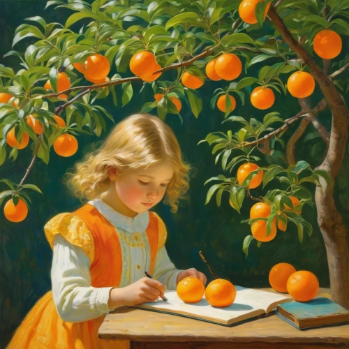 orange tree,oranges,tangerines,girl picking apples,kumquat,tangerine tree,orange,kumquats,valencia orange,oranges half,tangerine fruits,little girl reading,clementines,apricot,girl studying,half of the oranges,child with a book,tangerine,children studying,peach tree,Art,Classical Oil Painting,Classical Oil Painting 20