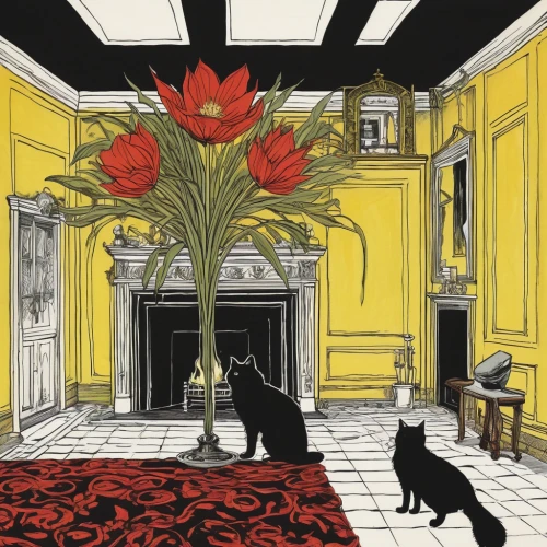 book illustration,red cat,red carnation,amaryllis,amaryllis family,the cat,dandelion hall,doll's house,kennel club,athenaeum,the threshold of the house,yellow garden,narcissus of the poets,domestic cat,secret garden of venus,damask,art nouveau design,house painting,four poster,cat european,Illustration,Paper based,Paper Based 21