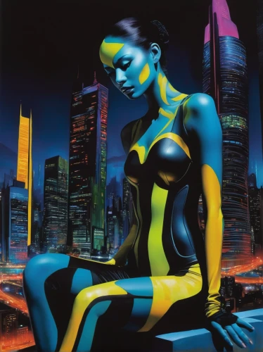 neon body painting,bodypaint,bodypainting,mystique,body painting,cyberpunk,cmyk,dr. manhattan,bioluminescence,cool pop art,yellow and blue,han thom,sci fiction illustration,black light,blue demon,kryptarum-the bumble bee,pop art colors,kowloon,neon human resources,birds of prey-night,Illustration,Realistic Fantasy,Realistic Fantasy 29