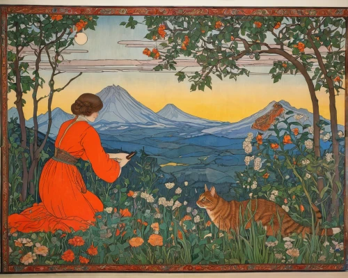 girl picking flowers,girl in the garden,girl in flowers,the garden marigold,kate greenaway,work in the garden,girl picking apples,idyll,khokhloma painting,picking flowers,mountain scene,la violetta,orange blossom,fiori,art nouveau,towards the garden,persian poet,radha,lacerta,woman at the well,Illustration,Retro,Retro 11