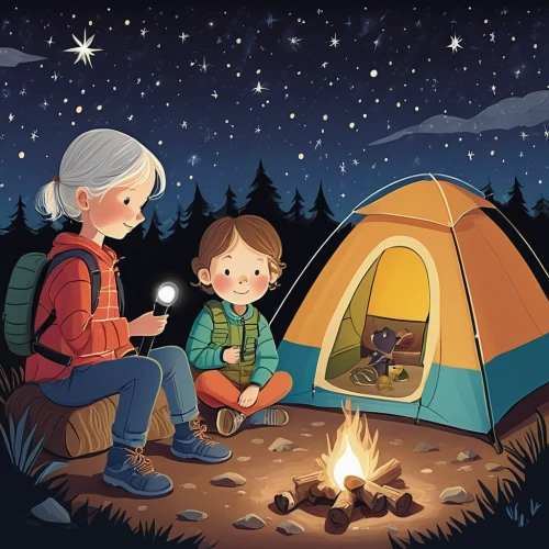 campfire,kids illustration,camping,campfires,a collection of short stories for children,autumn camper,tent camping,book illustration,camp fire,camping car,campers,camping equipment,camping tents,campsite,camping gear,girl and boy outdoor,small camper,digital nomads,stargazing,children's fairy tale,Illustration,Paper based,Paper Based 22