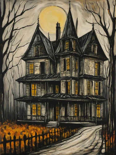 the haunted house,haunted house,halloween scene,witch's house,witch house,halloween illustration,halloween and horror,halloween poster,house painting,halloween bare trees,vintage halloween,david bates,creepy house,halloween decor,halloween background,halloween paper,halloween ghosts,house in the forest,victorian house,haunted,Art,Artistic Painting,Artistic Painting 01