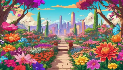 flower garden,flower background,blooming field,spring background,flower field,field of flowers,springtime background,fairy world,floral background,flowers field,background screen,frame flora,flowerful desert,sea of flowers,tulip field,芦ﾉ湖,wonderland,fairy village,summer background,spring garden,Illustration,Vector,Vector 19