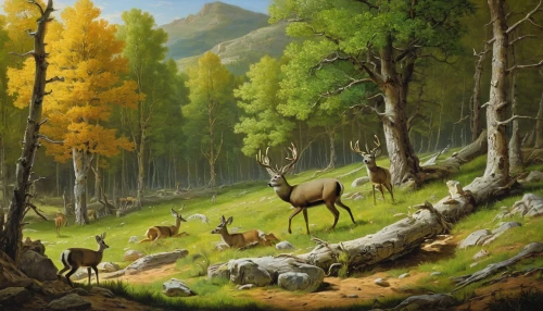 elk,hunting scene,forest animals,forest landscape,deer illustration,mountain pasture,european deer,mountain scene,pere davids deer,animals hunting,woodland animals,forest background,mule deer,bull elk resting,mountain meadow,coniferous forest,black-brown mountain sheep,nature landscape,caribou,deer,Art,Classical Oil Painting,Classical Oil Painting 36