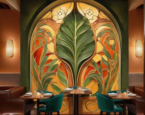 art nouveau design,art deco background,fine dining restaurant,art nouveau,new york restaurant,art deco,wall painting,mediterranean cuisine,a restaurant,restaurant bern,sicilian cuisine,indian cuisine,wall panel,banana leaf,spanish tile,decorative art,stucco wall,iranian cuisine,casa fuster hotel,chinese restaurant,Illustration,Retro,Retro 08