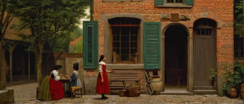 street scene,19th century,street musicians,shutters,window with shutters,old linden alley,woman house,wooden shutters,woman hanging clothes,village scene,medieval street,narrow street,merchant,old door,partiture,french quarters,bellini,laundry shop,italian painter,accordion player,Art,Classical Oil Painting,Classical Oil Painting 41