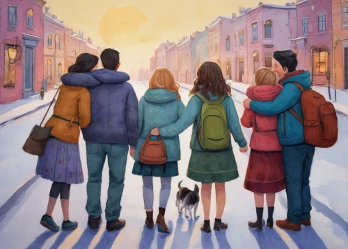 travelers,contemporary witnesses,a collection of short stories for children,group of people,seven citizens of the country,walk with the children,birch family,people walking,oil painting on canvas,street scene,pedestrian,peoples,oil painting,carol colman,book cover,commuting,the dawn family,persons,passepartout,a pedestrian,Illustration,Abstract Fantasy,Abstract Fantasy 07
