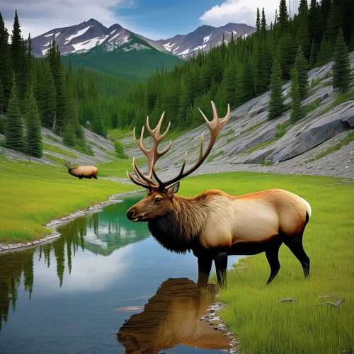 elk reposing on lateral moraine,elk,bull elk resting,bull elk on lateral moraine,bull moose,elk bull,deer illustration,whitetail,red deer,barren ground caribou,bull elk next to madison river,moose,whitetail buck,background view nature,buffalo plaid antlers,caribou,buffalo plaid deer,moose antlers,manchurian stag,forest animals,Photography,Documentary Photography,Documentary Photography 29