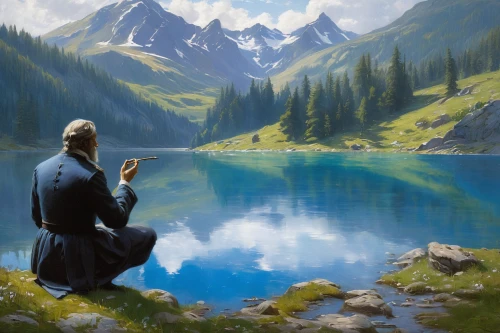 jrr tolkien,world digital painting,the spirit of the mountains,landscape background,idyll,fantasy picture,mountain scene,monks,contemplation,tranquility,witcher,peaceful,meditation,man praying,digital painting,heaven lake,zen,peacefulness,gandalf,alpine lake,Art,Classical Oil Painting,Classical Oil Painting 12