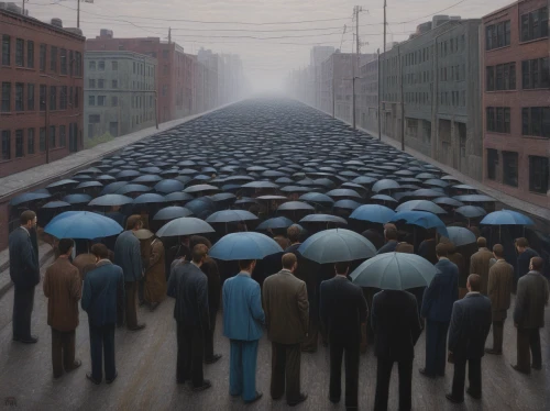 man with umbrella,panopticon,bottleneck,morning illusion,oil painting on canvas,parallel world,social distance,parallel worlds,surrealism,people talking,social network,umbrellas,collective,social distancing,nonconformist,people,people walking,grant wood,blue rain,migration,Conceptual Art,Daily,Daily 30
