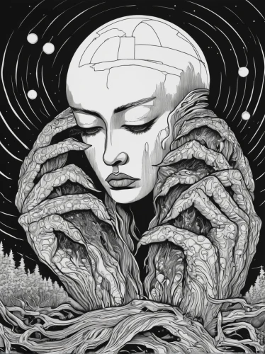 sci fiction illustration,ego death,rooted,digital illustration,mother earth,uprooted,third eye,hand-drawn illustration,consciousness,roots,mind,mind-body,woodcut,cancer illustration,andromeda,shamanism,synapse,shamanic,adrift,conscious,Illustration,Black and White,Black and White 18