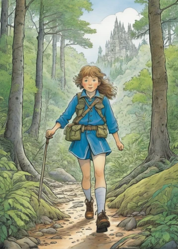 studio ghibli,forest clover,adventurer,hiker,mountain guide,the wanderer,forest walk,wander,farmer in the woods,little girl in wind,trail,children's fairy tale,guide book,game illustration,book illustration,forest path,a collection of short stories for children,heidi country,link,shirakami-sanchi,Illustration,Black and White,Black and White 13