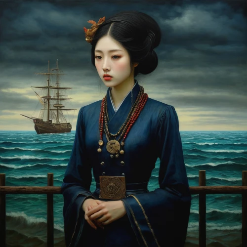 the sea maid,girl with a dolphin,japanese woman,turtle ship,seafarer,mari makinami,portrait of a girl,mystical portrait of a girl,han thom,japanese art,the japanese doll,oriental girl,oriental princess,dongfang meiren,naval officer,sea sailing ship,seafaring,geisha girl,janome chow,oriental painting,Illustration,Realistic Fantasy,Realistic Fantasy 08